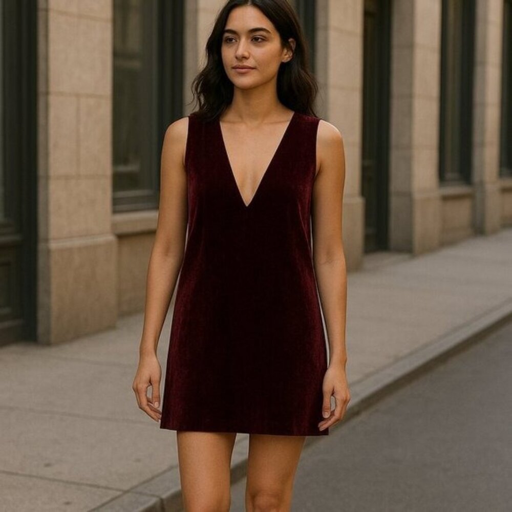 Fame and Partners X Free People  Deep V Burgundy Velvet Dress Mini Sheath size 8